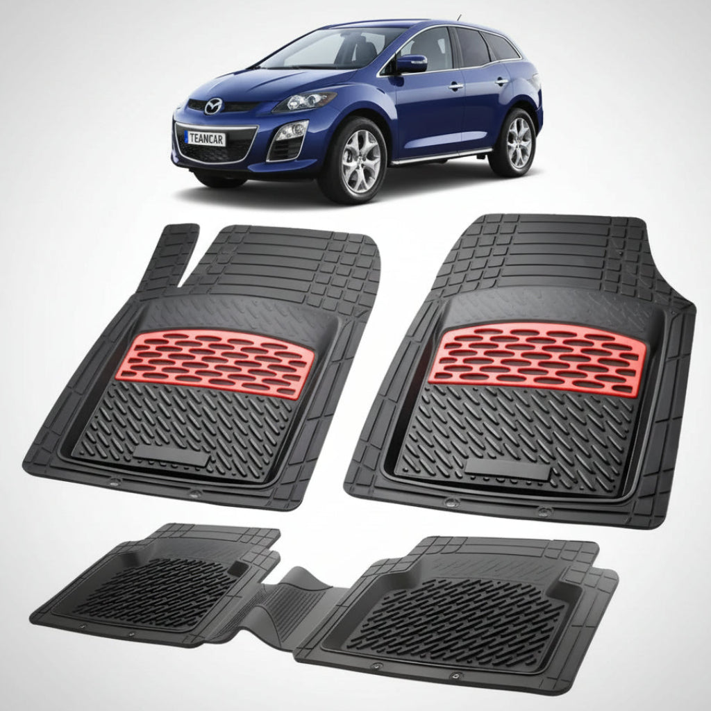 set de covorase din cauciuc negre cu accente rosii cu o mazda cx-7 er facelift suv albastra in fundal