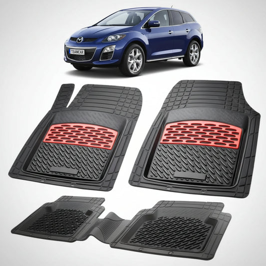 set de covorase din cauciuc negre cu accente rosii cu o mazda cx-7 er facelift suv albastra in fundal