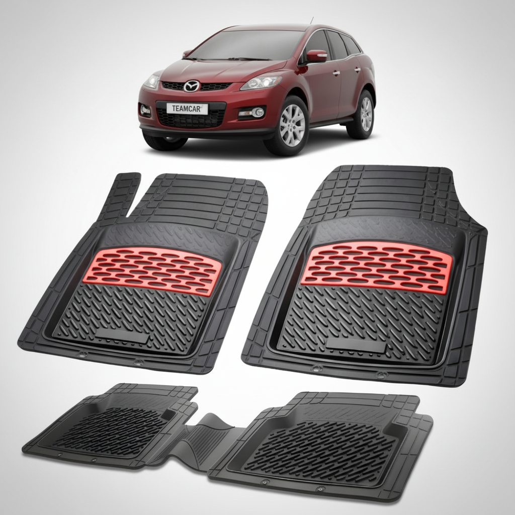 set de covorase din cauciuc negre cu accente rosii cu o mazda cx 7 generatia 1 suv rosie in fundal