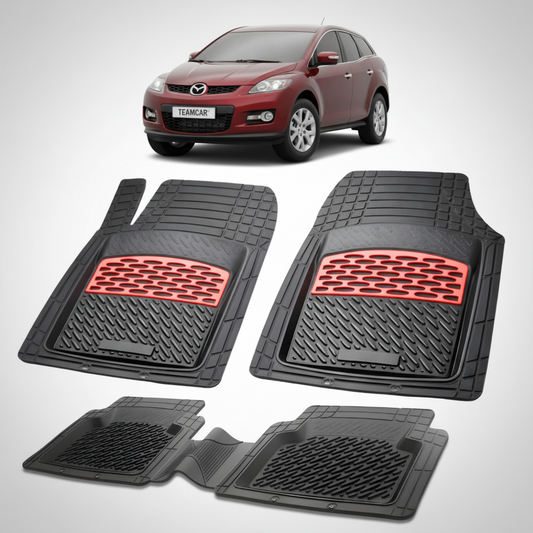 set de covorase din cauciuc negre cu accente rosii cu o mazda cx 7 generatia 1 suv rosie in fundal