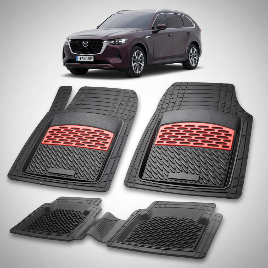 set de covorase din cauciuc negre cu accente rosii cu o mazda cx-80 kh suv rosu profund in fundal