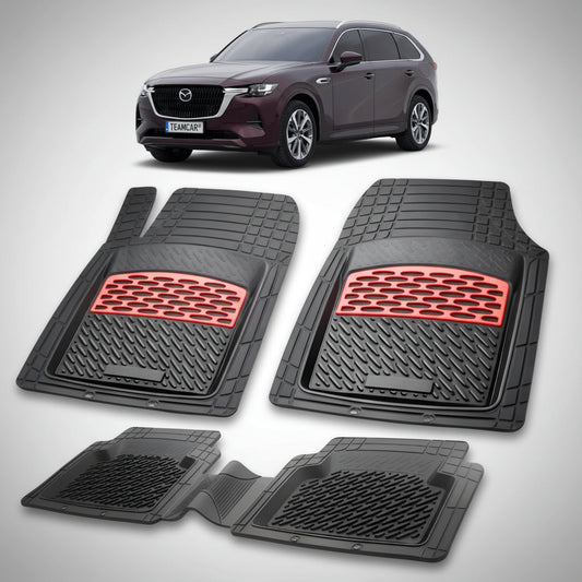 set de covorase din cauciuc negre cu accente rosii cu o mazda cx-80 kh suv rosu profund in fundal