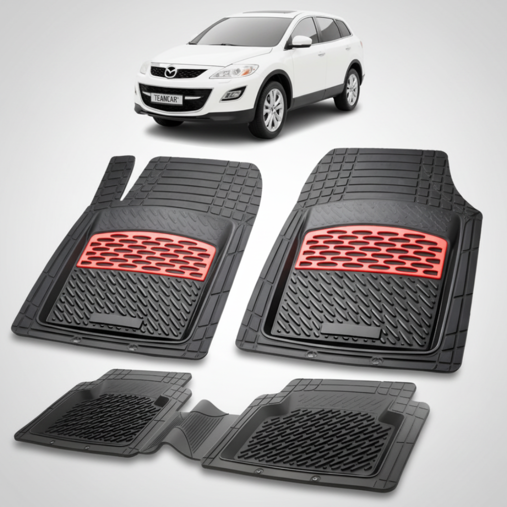 set de covorase din cauciuc negre cu accente rosii cu o mazda cx 9 generatia 1 alba in fundal