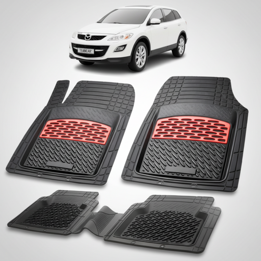 set de covorase din cauciuc negre cu accente rosii cu o mazda cx 9 generatia 1 alba in fundal