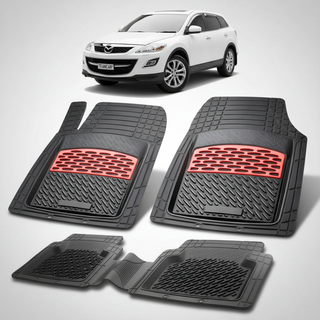 set de covorase din cauciuc negre cu accente rosii cu o mazda cx-9 tb suv alba in fundal