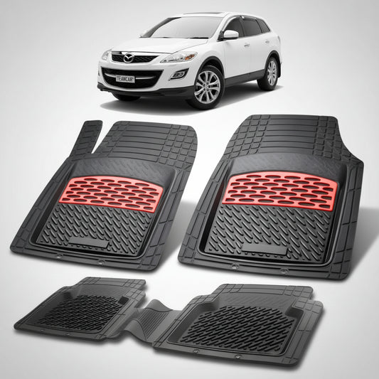 set de covorase din cauciuc negre cu accente rosii cu o mazda cx-9 tb suv alba in fundal