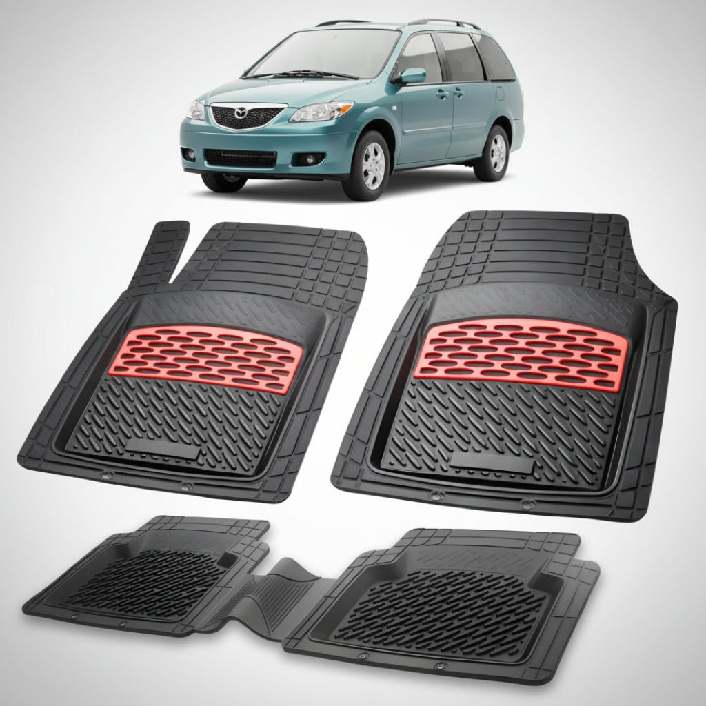 set de covorase din cauciuc negre cu accente rosii cu o mazda mpv lw facelift mpv albastru verzui in fundal