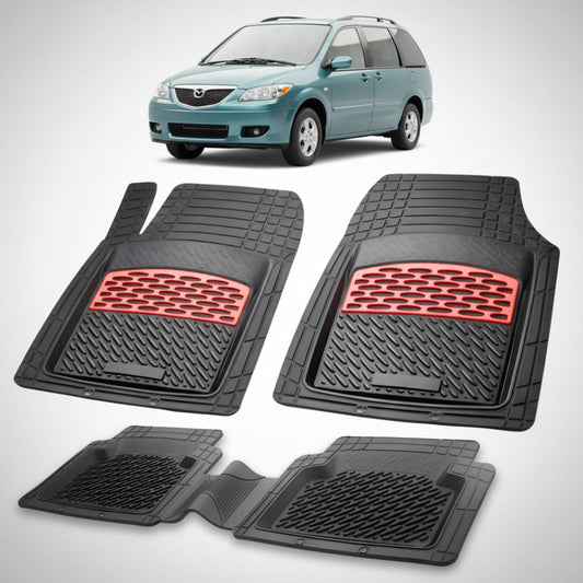 set de covorase din cauciuc negre cu accente rosii cu o mazda mpv lw facelift mpv albastru verzui in fundal