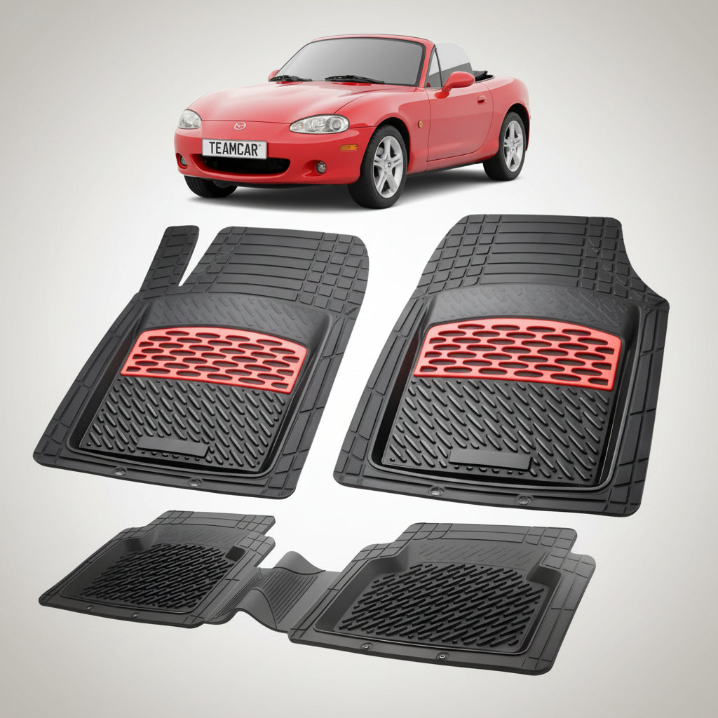 set de covorase din cauciuc negre cu accente rosii cu o mazda mx-5 nb facelift roadster rosie in fundal