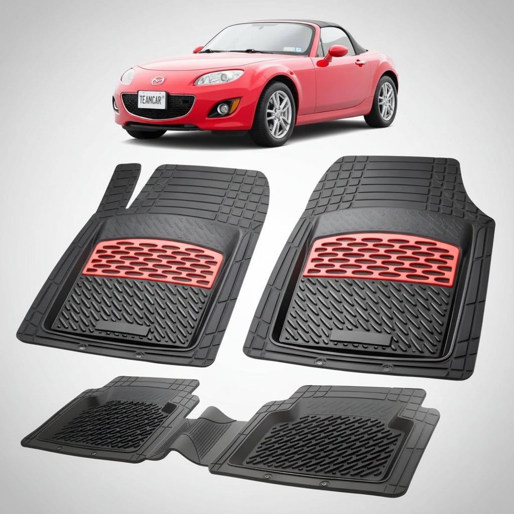 set de covorase din cauciuc negre cu accente rosii cu o mazda mx-5 nc facelift soft top rosie in fundal