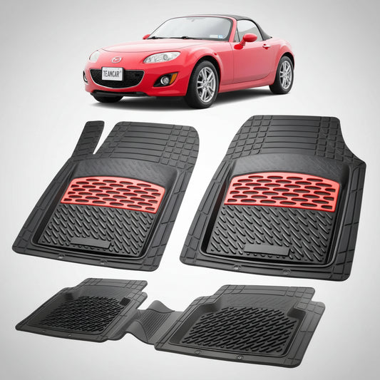 set de covorase din cauciuc negre cu accente rosii cu o mazda mx-5 nc facelift soft top rosie in fundal