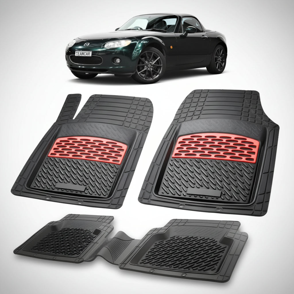 set de covorase din cauciuc negre cu accente rosii cu o mazda mx-5 nc hard top neagra in fundal