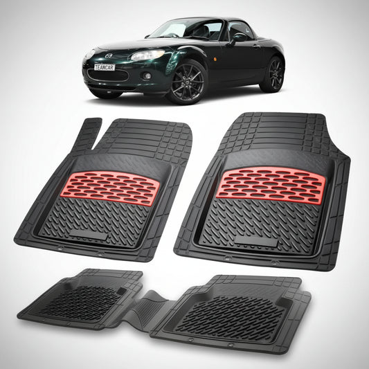 set de covorase din cauciuc negre cu accente rosii cu o mazda mx-5 nc hard top neagra in fundal