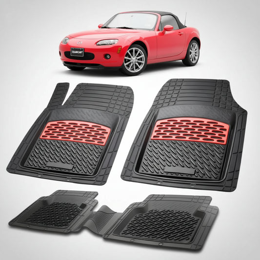 set de covorase din cauciuc negre cu accente rosii cu o mazda mx-5 nc soft top rosie in fundal