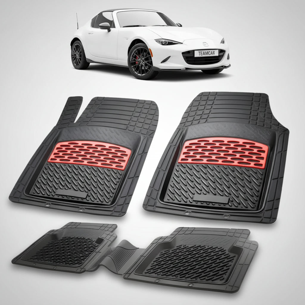 set de covorase din cauciuc negre cu accente rosii cu o mazda mx-5 nd facelift rf(targa) alba in fundal