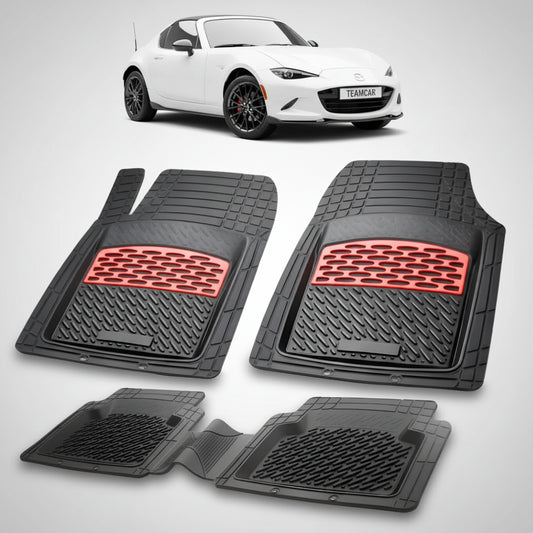 set de covorase din cauciuc negre cu accente rosii cu o mazda mx-5 nd facelift rf(targa) alba in fundal