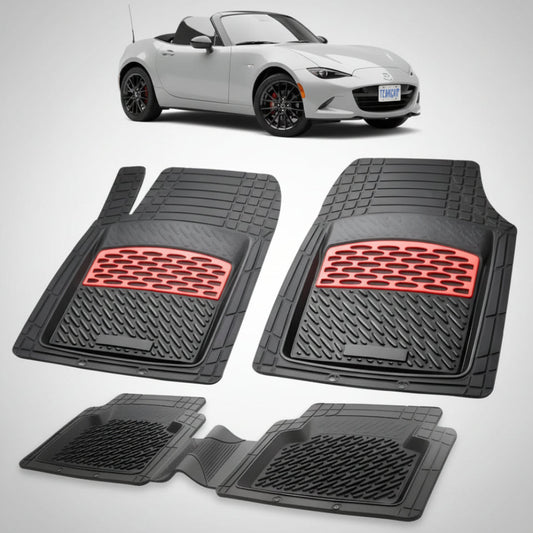 set de covorase din cauciuc negre cu accente rosii cu o mazda mx-5 nd facelift soft top gri in fundal