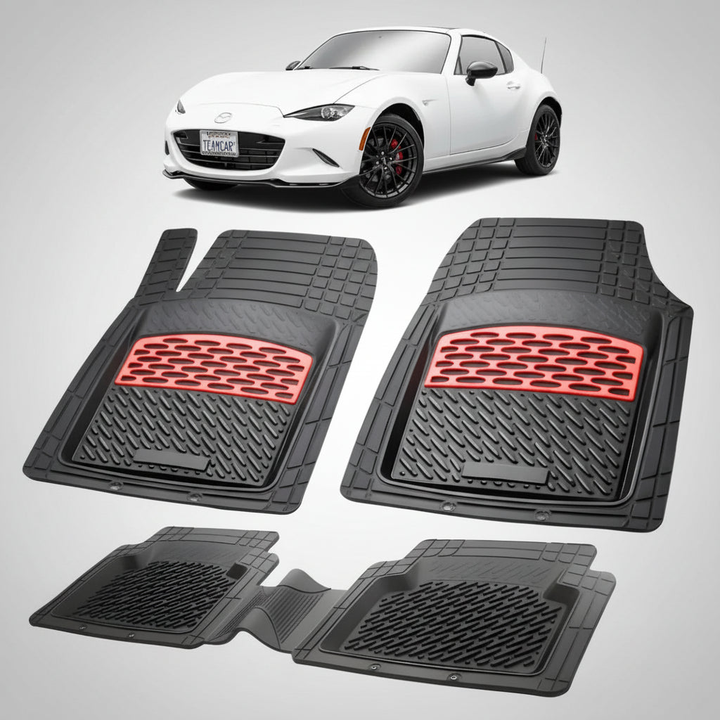 set de covorase din cauciuc negre cu accente rosii cu o mazda mx-5 nd rf targa alba in fundal