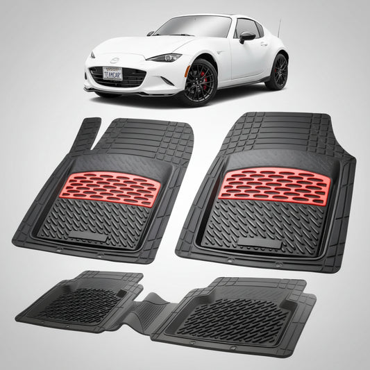 set de covorase din cauciuc negre cu accente rosii cu o mazda mx-5 nd rf targa alba in fundal