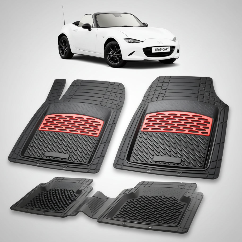 set de covorase din cauciuc negre cu accente rosii cu o mazda mx-5 nd soft top alba in fundal