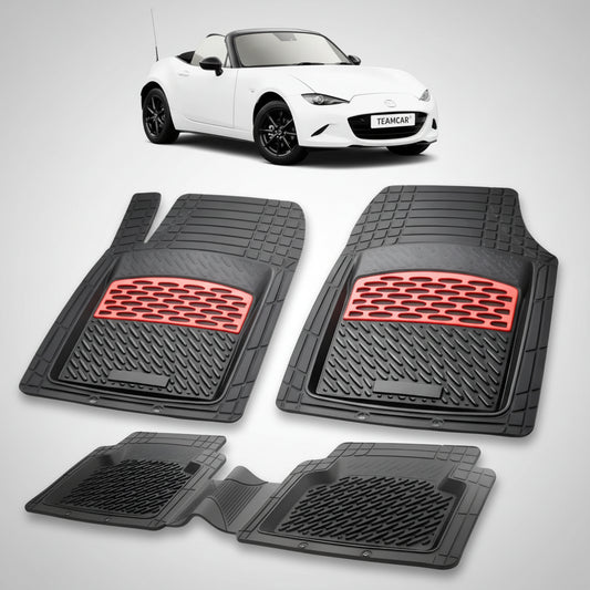 set de covorase din cauciuc negre cu accente rosii cu o mazda mx-5 nd soft top alba in fundal