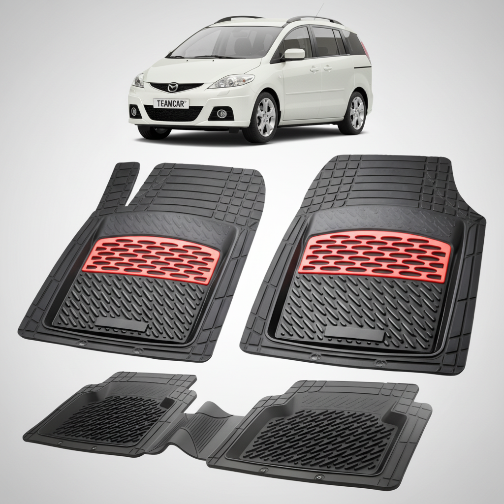 set de covorase din cauciuc negre cu accente rosii cu o mazda premacy ii bej in fundal