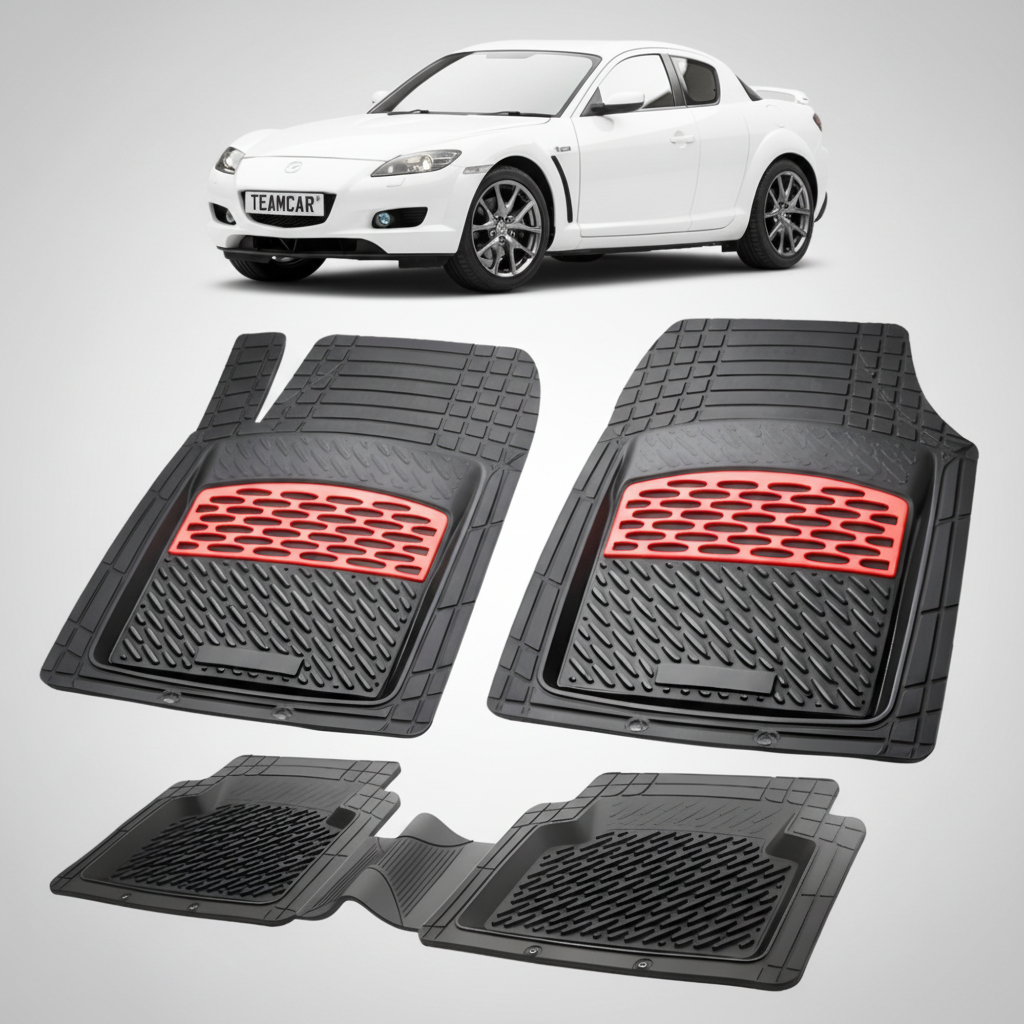 set de covorase din cauciuc negre cu accente rosii cu o mazda rx-8 I alba in fundal
