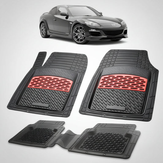 set de covorase din cauciuc negre cu accente rosii cu o mazda rx-8 se facelift coupe neagra in fundal