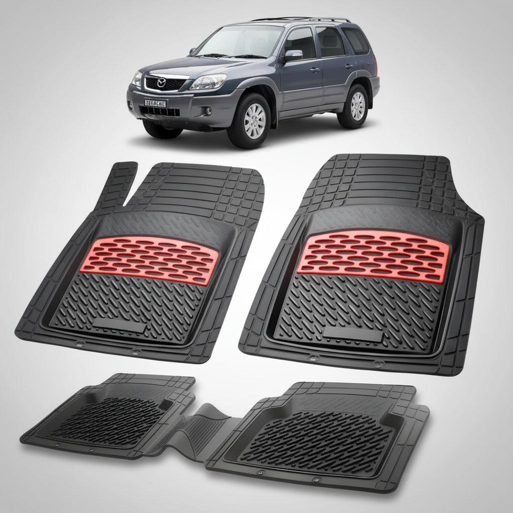 set de covorase din cauciuc negre cu accente rosii cu o mazda tribute ep facelift suv albastru-gri inchis metalizat in fundal
