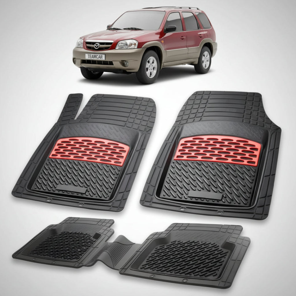 set de covorase din cauciuc negre cu accente rosii cu o mazda tribute ep suv rosu in fundal