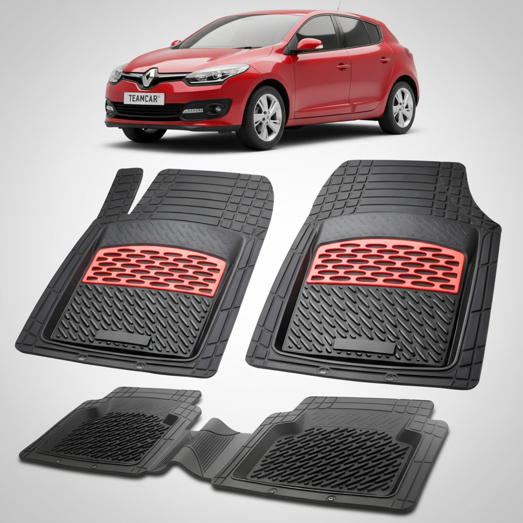 set de covorase din cauciuc negre cu accente rosii cu un renault megane iii hatchback rosie in fundal