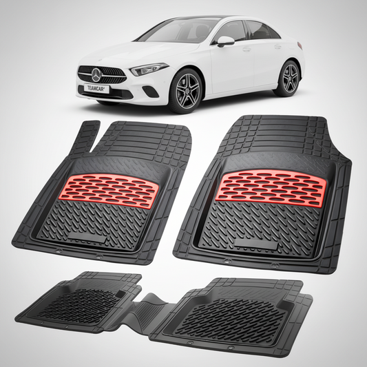 Set of black car floor mats with red accents on a white background, featuring a white car.