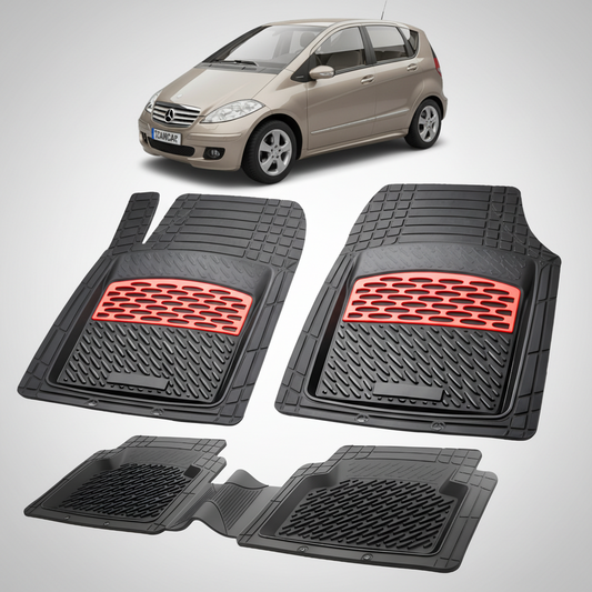 Set of black car floor mats with red accents on a white background, featuring a car model.