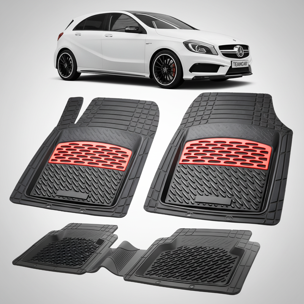 Set of car floor mats with red accents on a white background, featuring a white car.