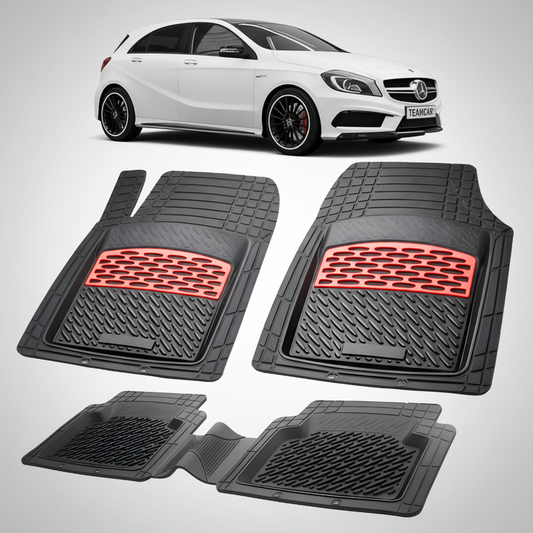 Set of car floor mats with red accents on a white background, featuring a white car.