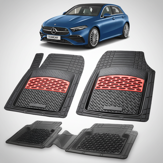 Set of black car floor mats with red accents on a white background, featuring a blue Mercedes-Benz car.