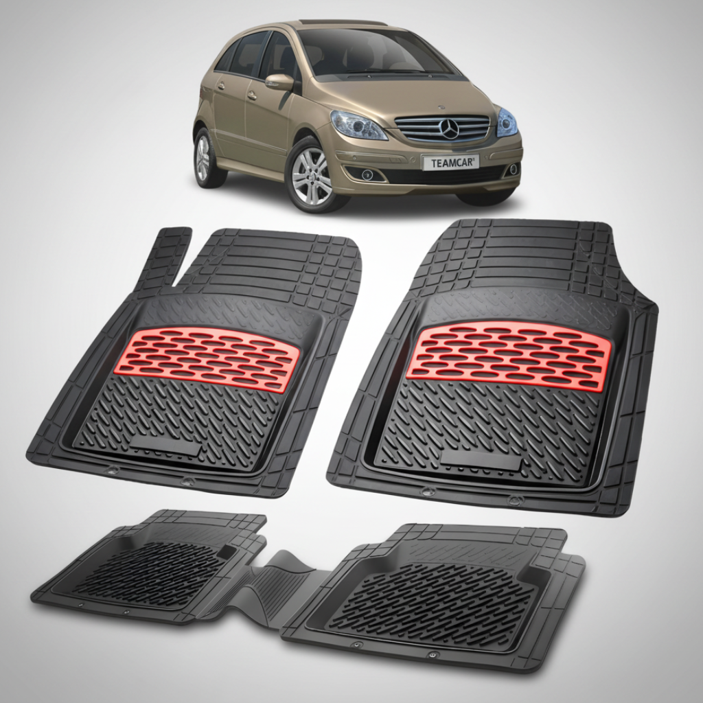 Set of car floor mats with red honeycomb pattern in front of a beige Mercedes-Benz car.