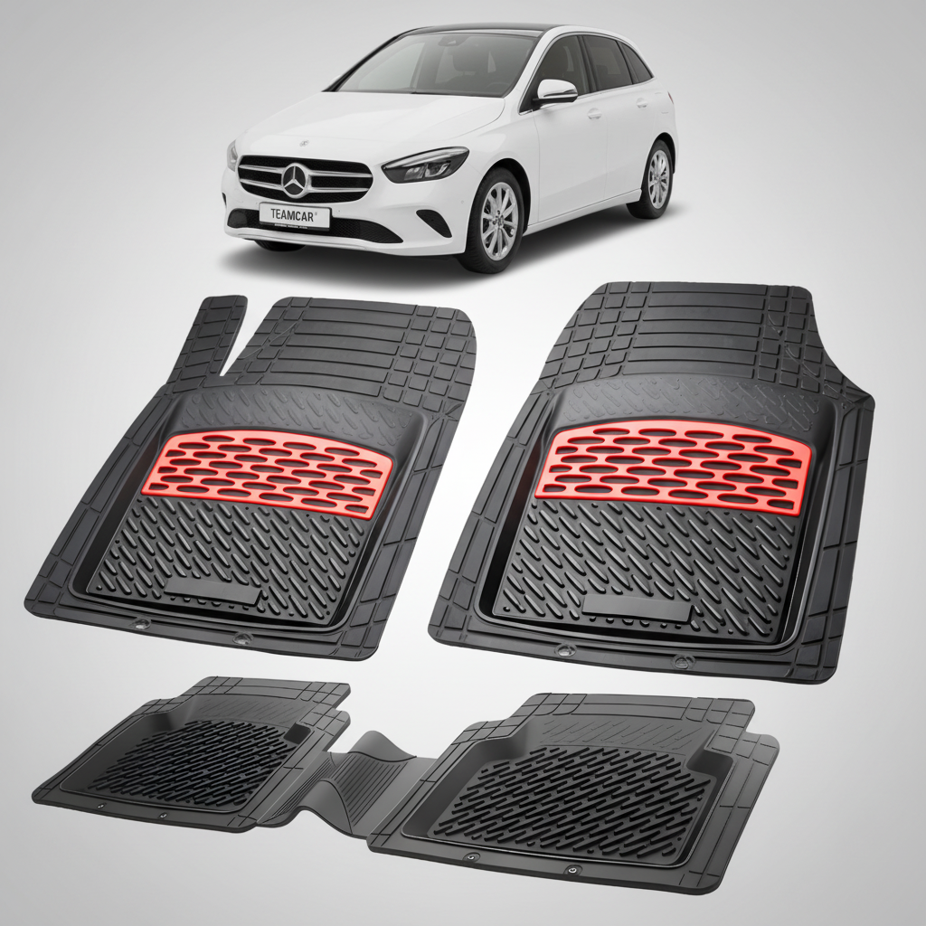 Set of car floor mats with red honeycomb pattern on a white background with a white car.