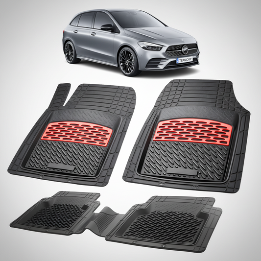 Set of black car floor mats with red accents on a white background, featuring a silver car.