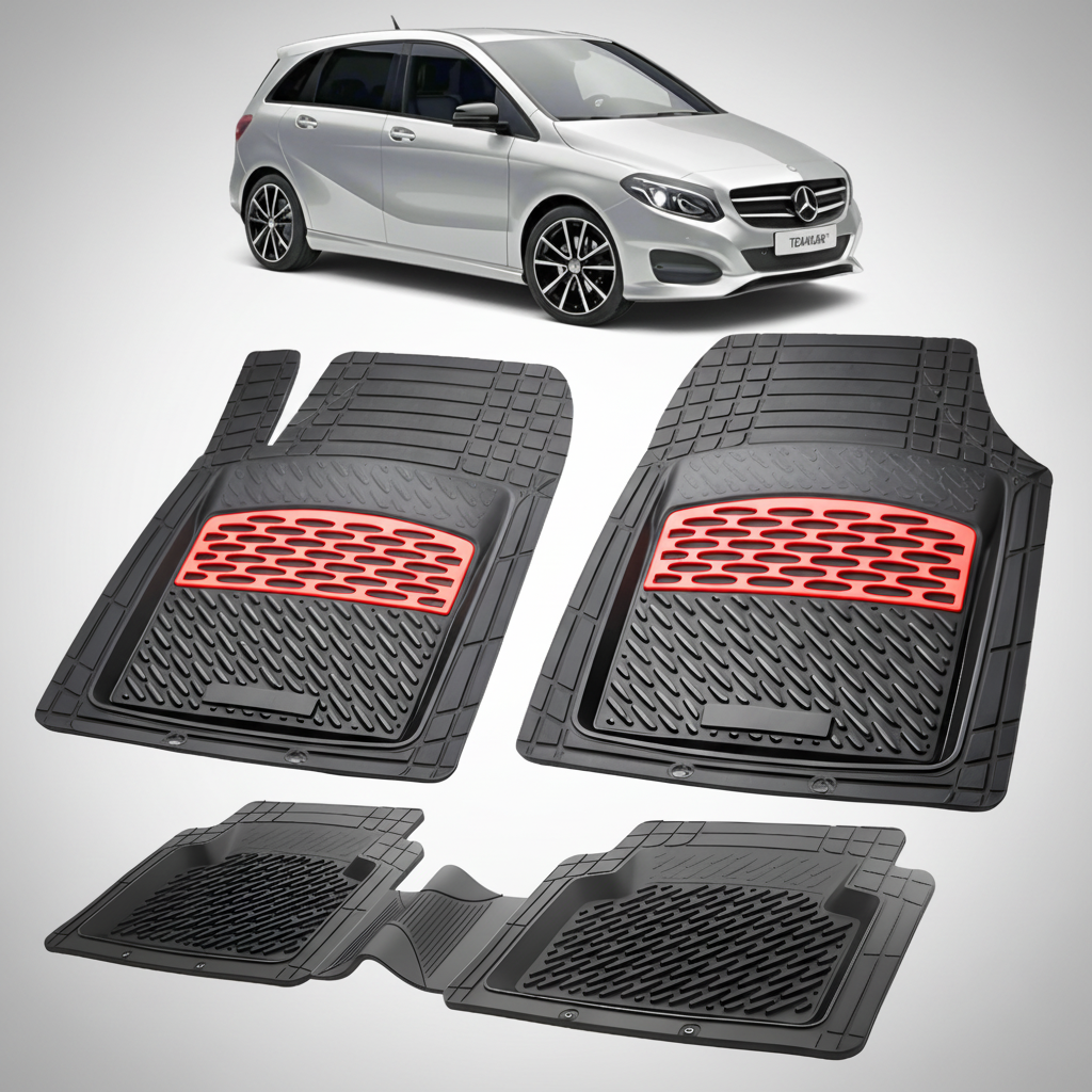 Set of car floor mats with red accents on a white background, featuring a Mercedes-Benz car.
