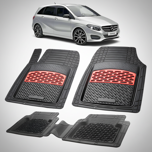 Set of car floor mats with red accents on a white background, featuring a Mercedes-Benz car.