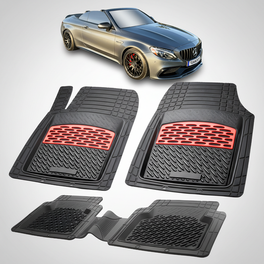 Set of car floor mats with red accents on a white background, featuring a car in the corner.