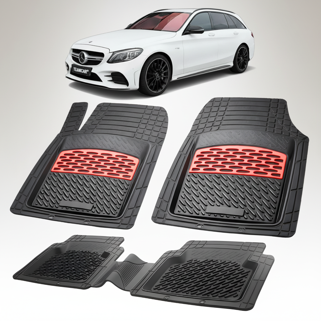 Set of black car floor mats with red accents on a white background, featuring a white Mercedes-Benz car.