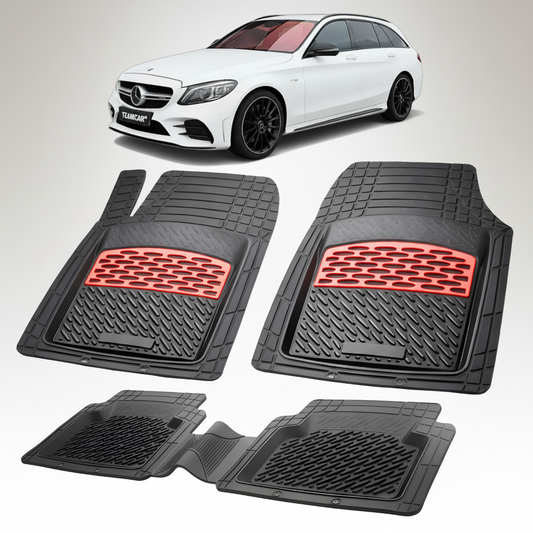 Set of black car floor mats with red accents on a white background, featuring a white Mercedes-Benz car.