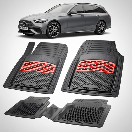 Set of car floor mats with red accents on a white background, featuring a Mercedes-Benz car.