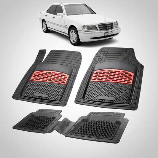 Set of car floor mats with red accents on a white background, featuring a white car.
