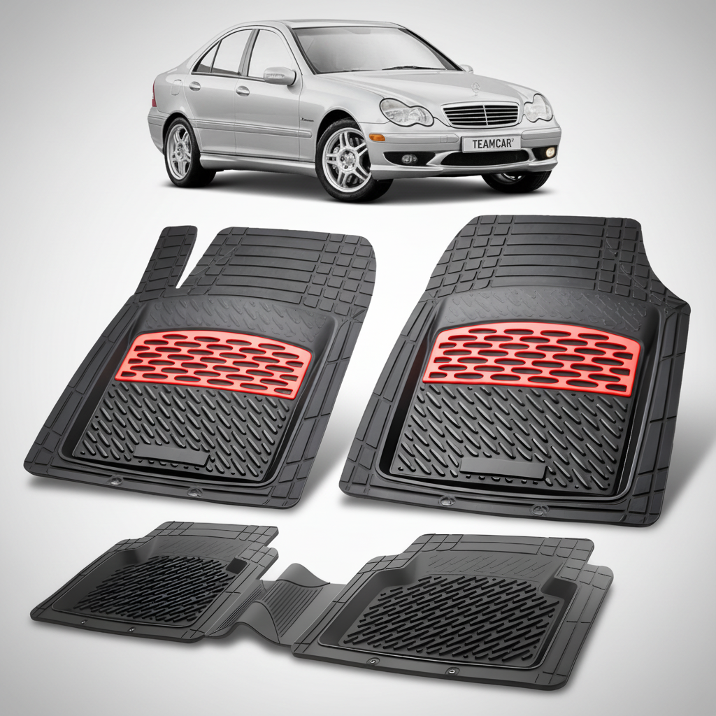 Set of car floor mats with red accents on a white background, featuring a car image at the top.