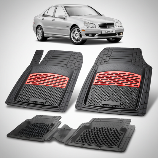 Set of car floor mats with red accents on a white background, featuring a car image at the top.