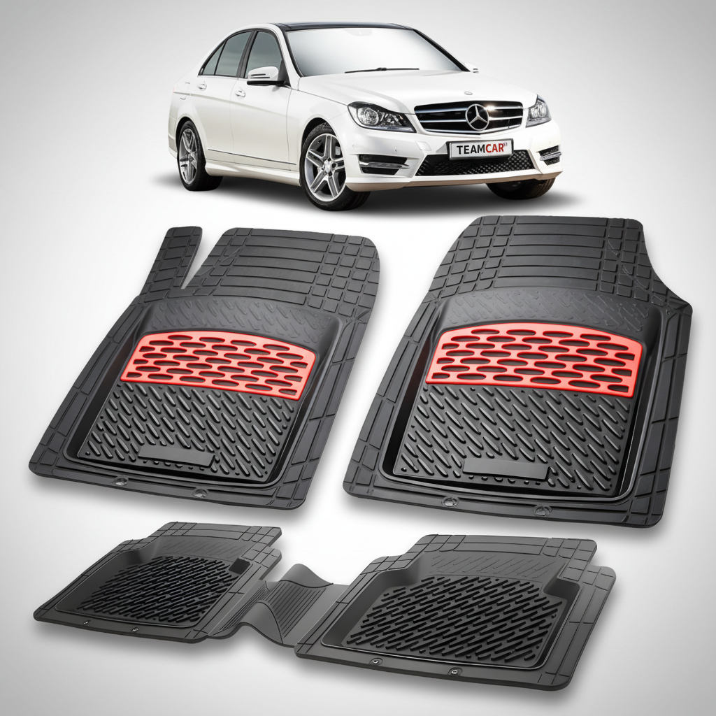 Set of black car floor mats with red accents on a white background, featuring a Mercedes-Benz car.