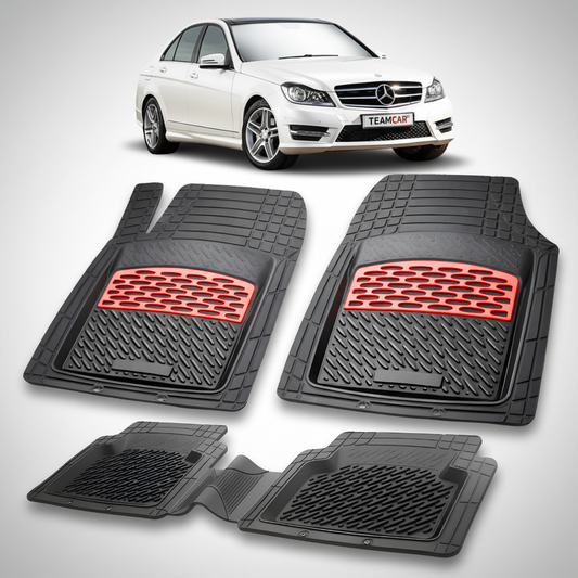 Set of black car floor mats with red accents on a white background, featuring a Mercedes-Benz car.